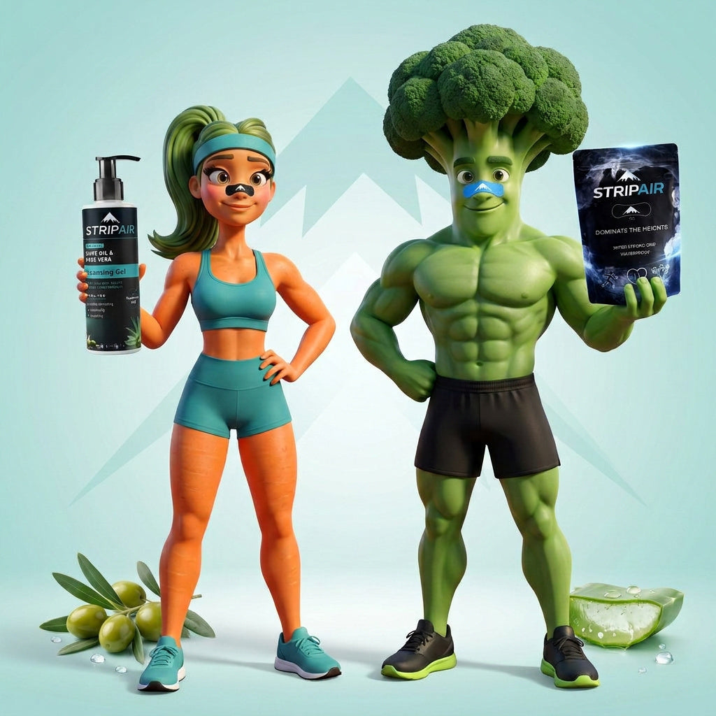 Strip Air broccoli and carrot mascots wearing the nasal strips, blue on broccoli and black on carrot, holding the strips and cleansing gel