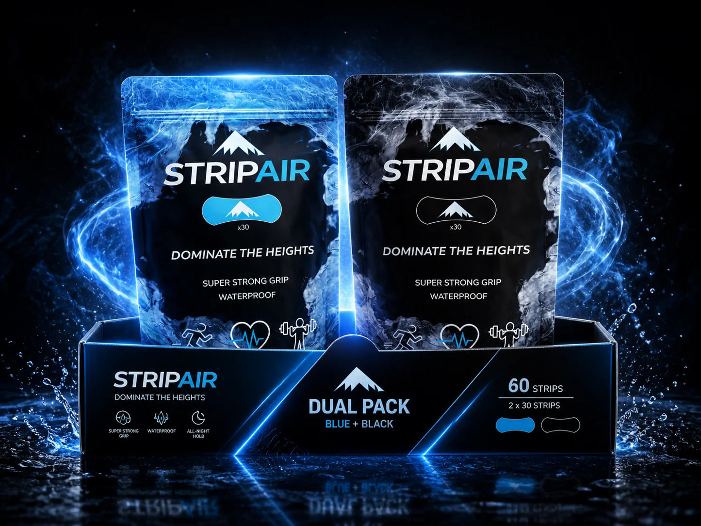 STRIPAIR Dual Pack with Black and Electric Blue nasal strips, 60 strips total (2 x 30)