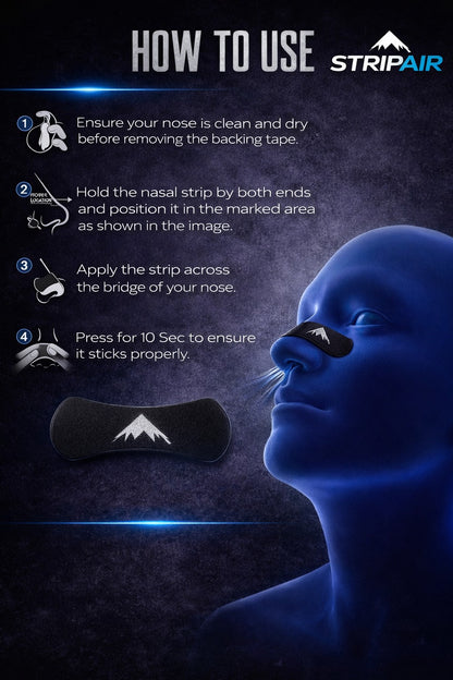 How to use a STRIPAIR nasal strip: clean the nose, position and apply across the bridge, press for 10 seconds