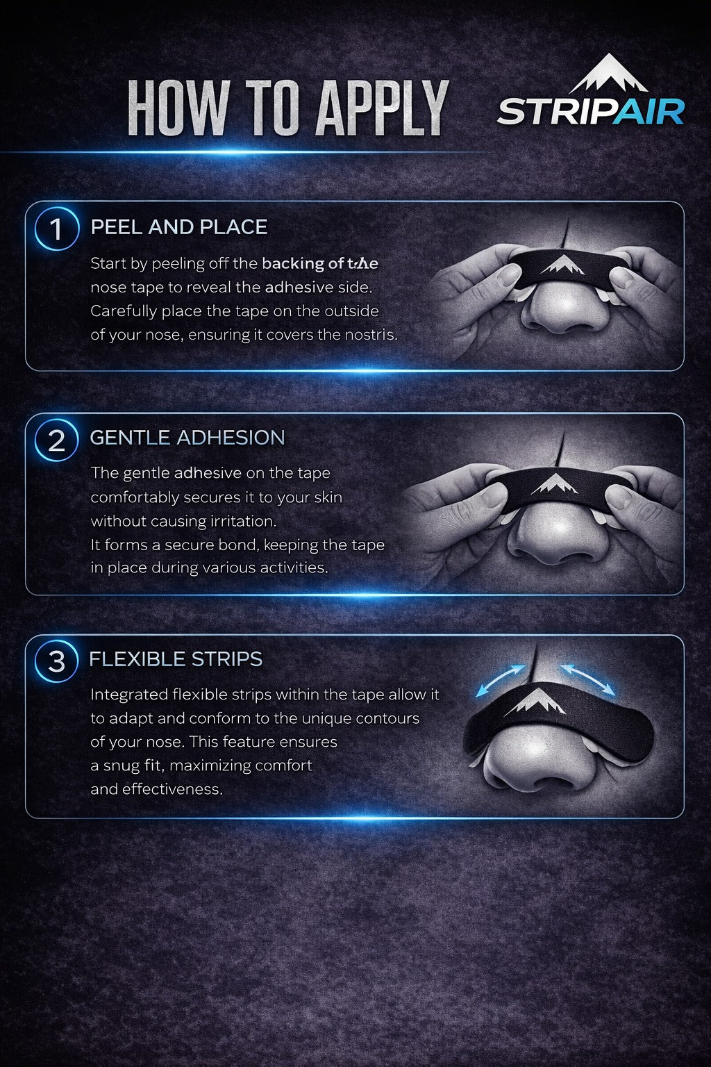 How to apply a STRIPAIR nasal strip in three steps: peel and place, gentle adhesion and flexible fit