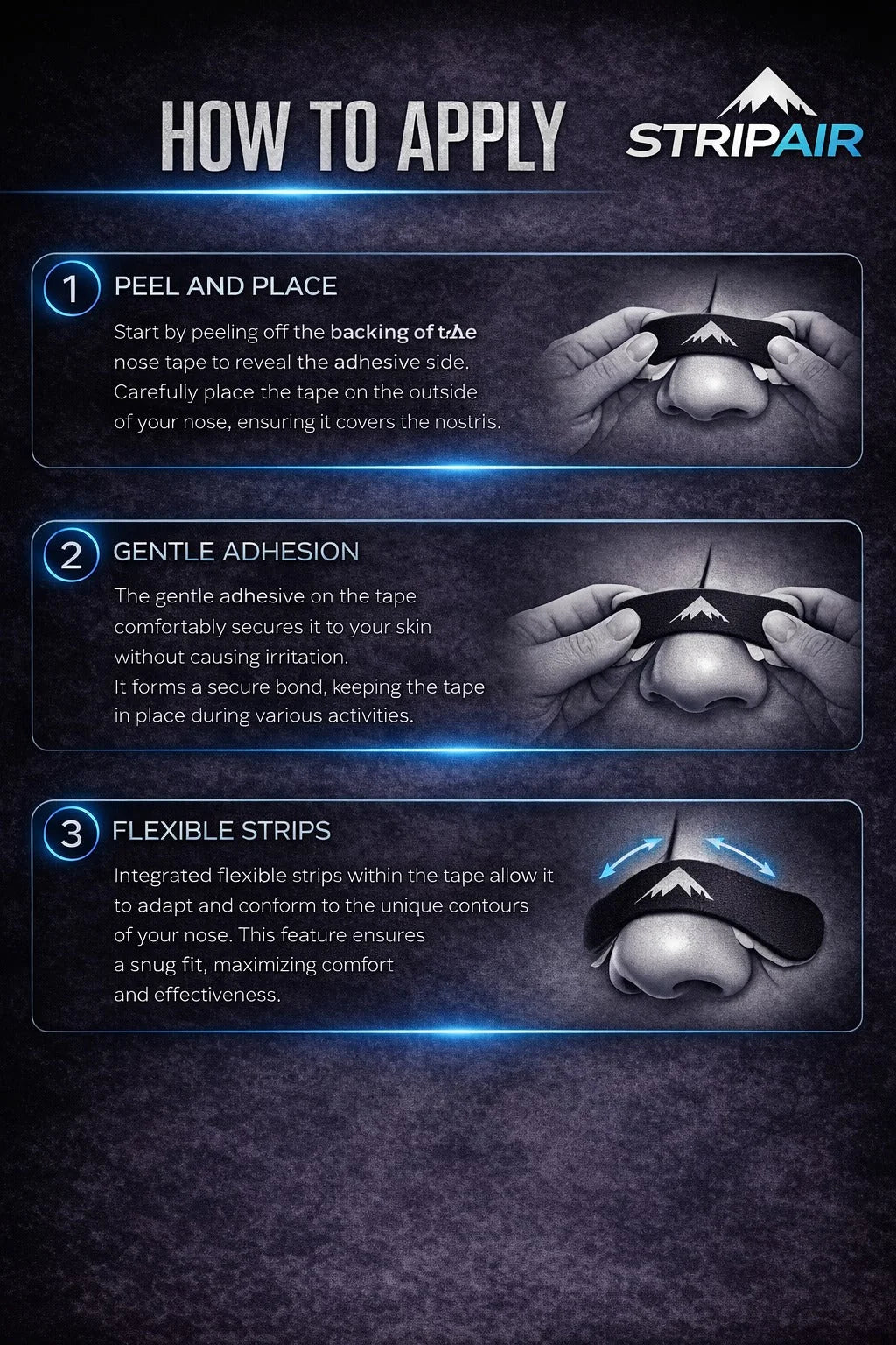 How to apply a STRIPAIR nasal strip in three steps: peel and place, gentle adhesion and flexible fit