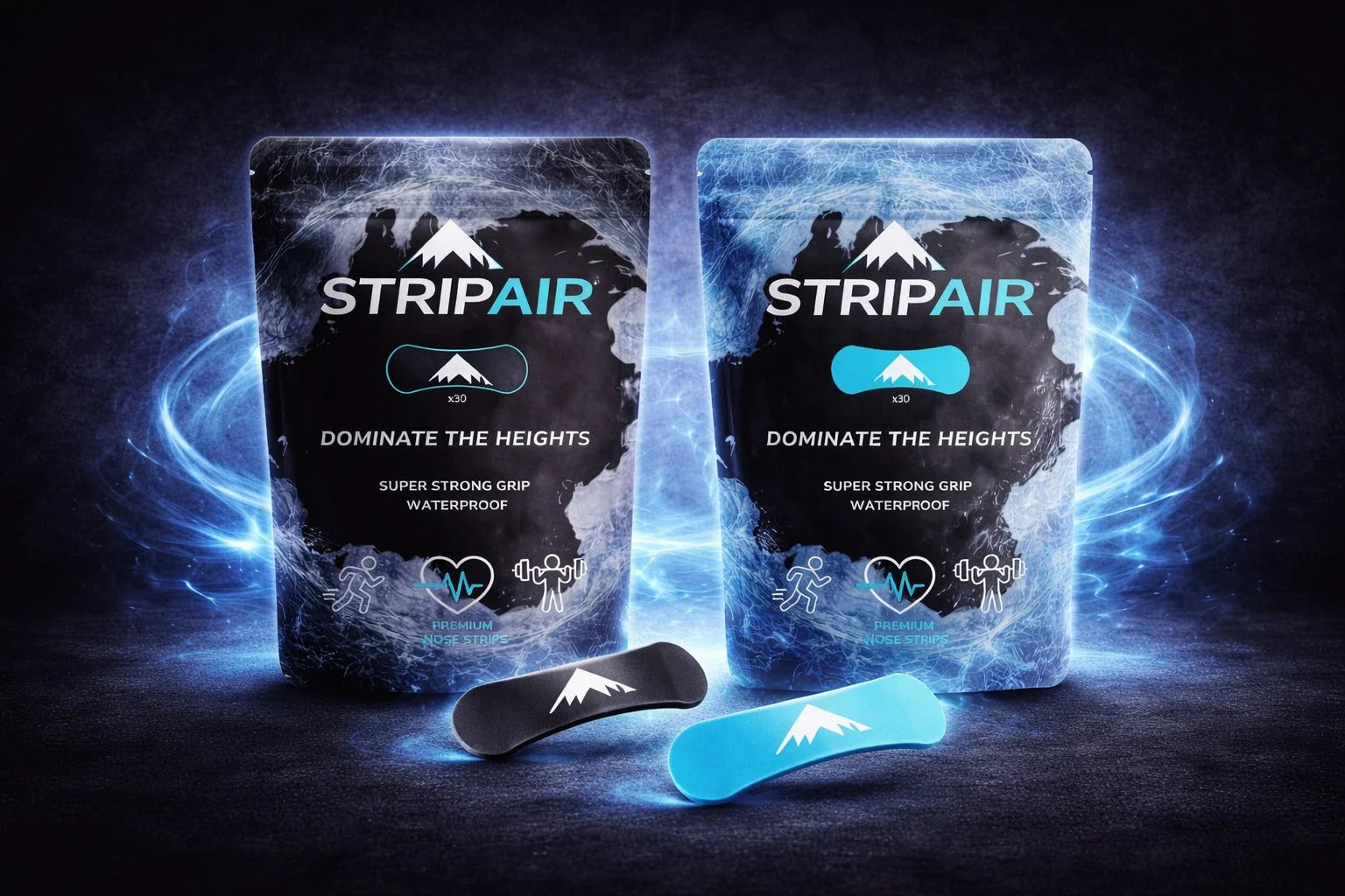 STRIPAIR Black and Electric Blue nasal strip packs side by side with one black and one blue strip