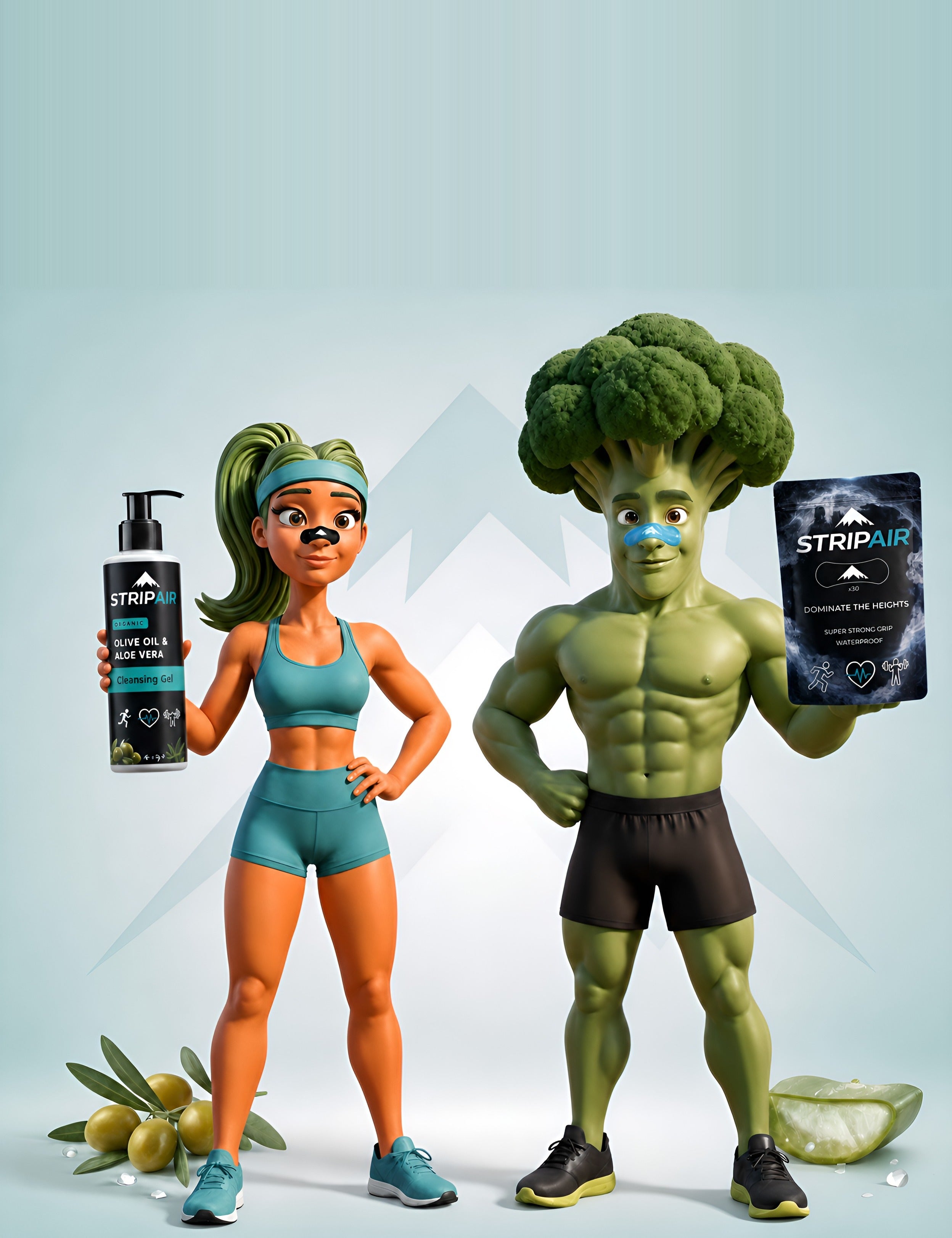 StripAir duo mascots holding the nasal strip pack and cleansing gel
