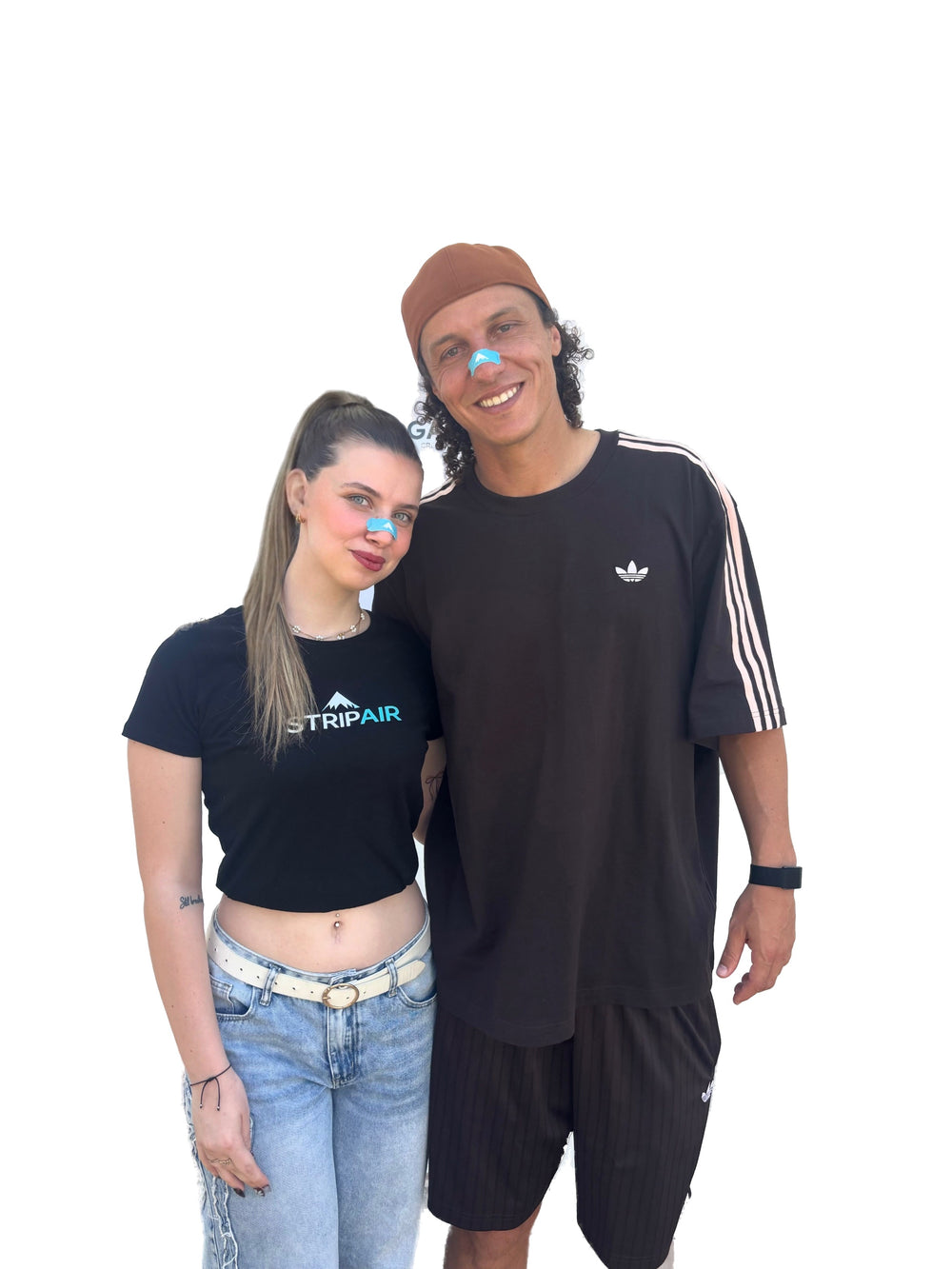 Two people wearing StripAir nasal strips, cut out on a plain white background