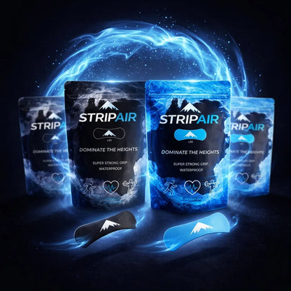 STRIPAIR Black and Electric Blue nasal strip packs with loose strips and blue energy effect