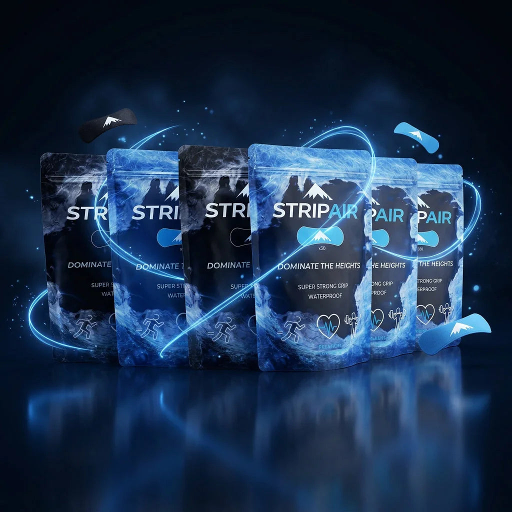 STRIPAIR 6-Month Supply, six nasal strip packs (3 black, 3 electric blue) with blue energy swirl, 180 strips