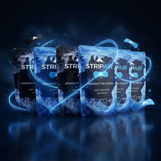STRIPAIR 6-Month Supply, six nasal strip packs (3 black, 3 electric blue) with blue energy swirl, 180 strips